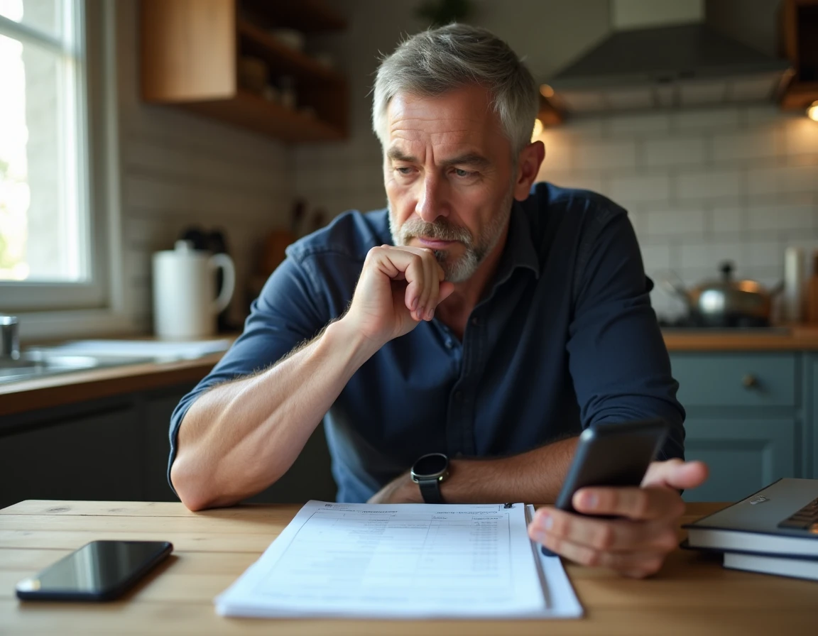 Homme consultant un relevé bancaire et un chéquier à la maison pour comprendre le chèque différé