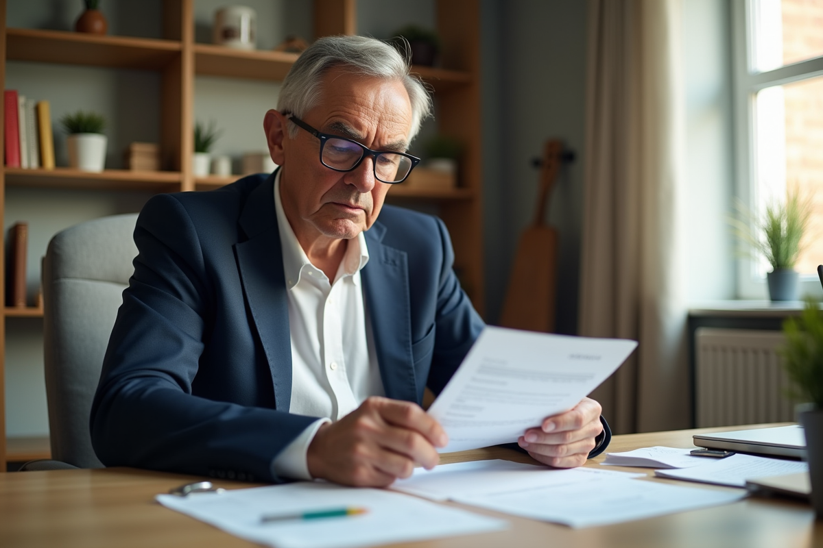 Homme d'âge moyen examinant des documents de pension à son bureau