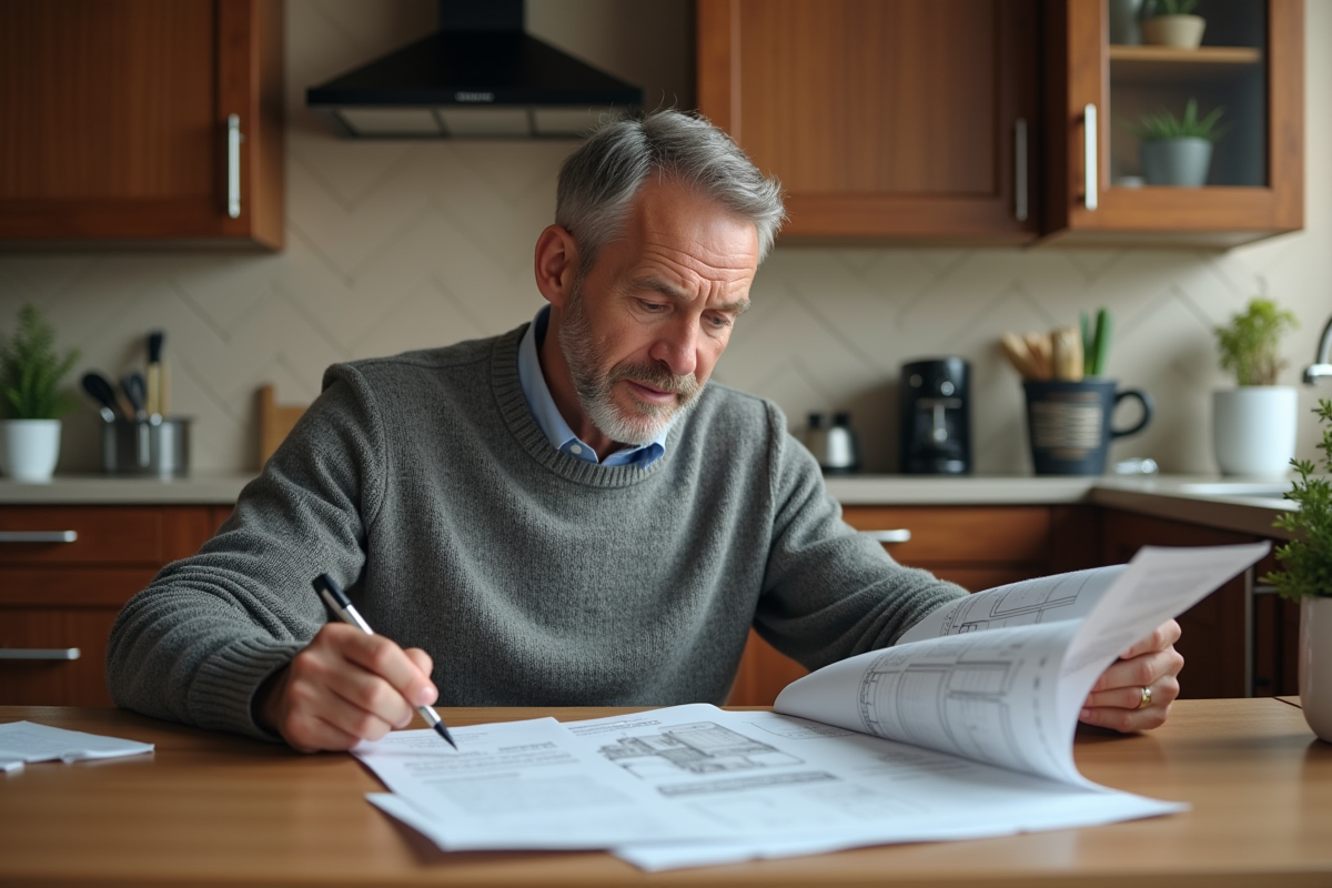 Homme d'âge moyen examine plans de rénovation maison