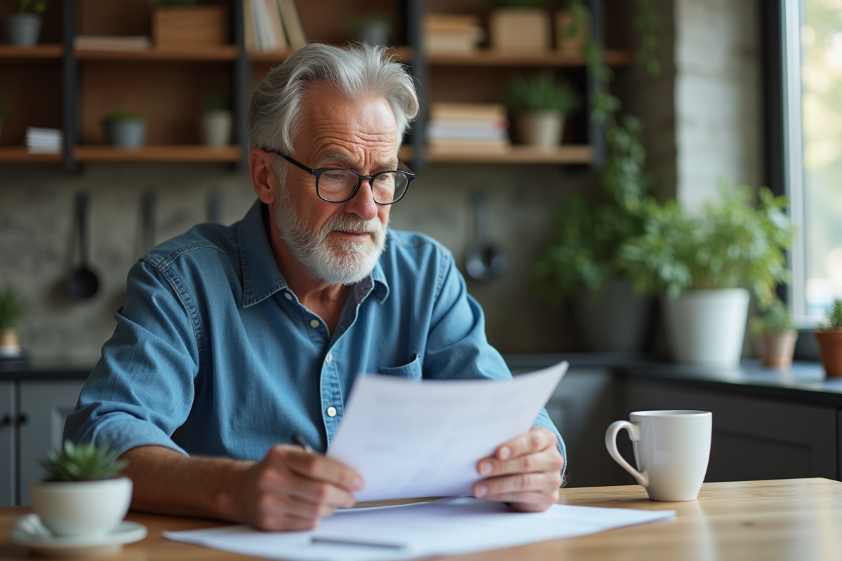 Homme d'âge moyen examine des papiers à la maison