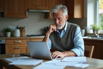 Homme d'âge moyen examinant des documents de retraite à la maison
