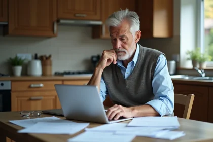 Homme d'âge moyen examinant des documents de retraite à la maison