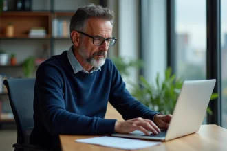 Homme d'âge moyen vérifiant ses paramètres de sécurité sur un ordinateur