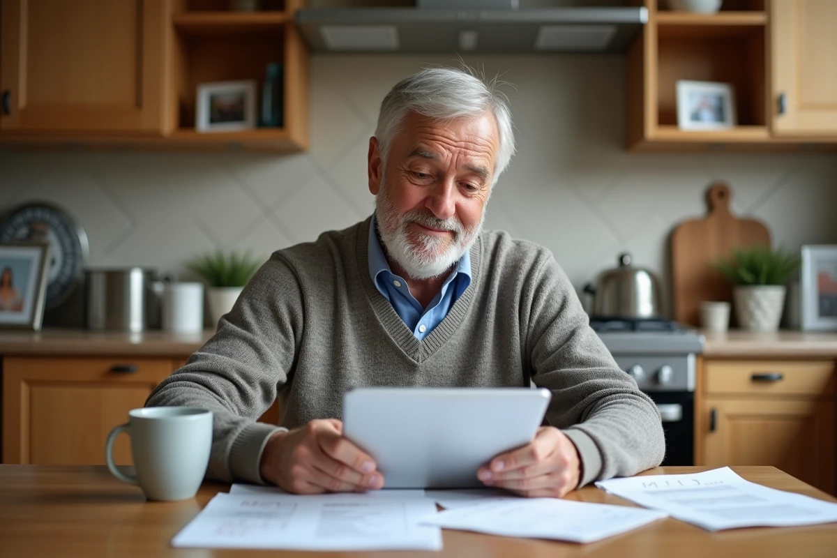 Homme senior examine documents dans sa cuisine
