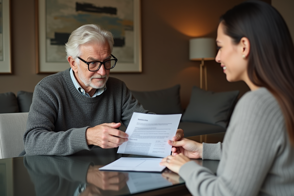 Homme âgé échangeant un document avec une femme dans un salon