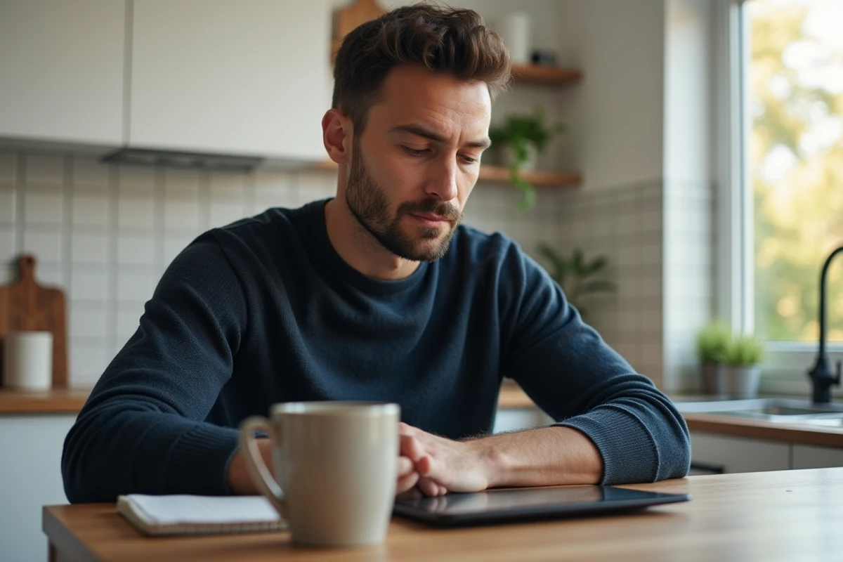 Homme calculant sa capacité d'emprunt immobilier avec simulateur en ligne et livret LEL sur tablette