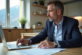 Homme suisse en réunion de salaire dans une cuisine moderne