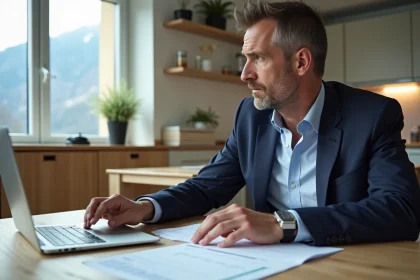 Homme suisse en r&eacute;union de salaire dans une cuisine moderne