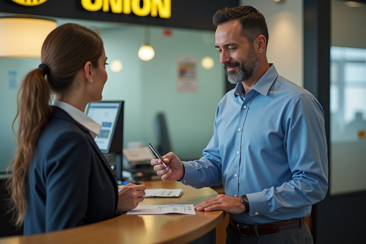 Homme d'âge moyen faisant une transaction Western Union