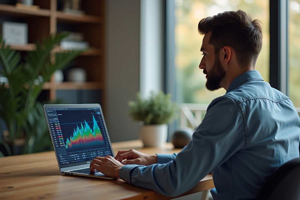 Homme d'âge moyen travaillant sur son ordinateur avec graphiques ETF