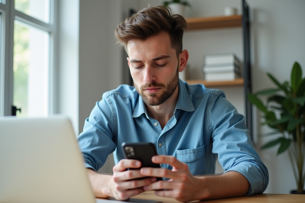 Homme en bureau moderne utilisant son ordinateur et smartphone