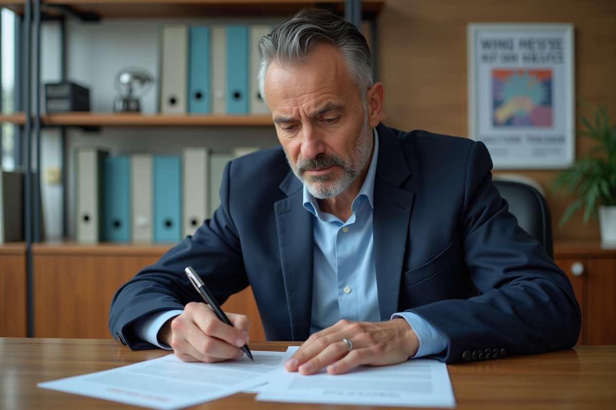 Homme d'âge moyen remplissant des formulaires au bureau