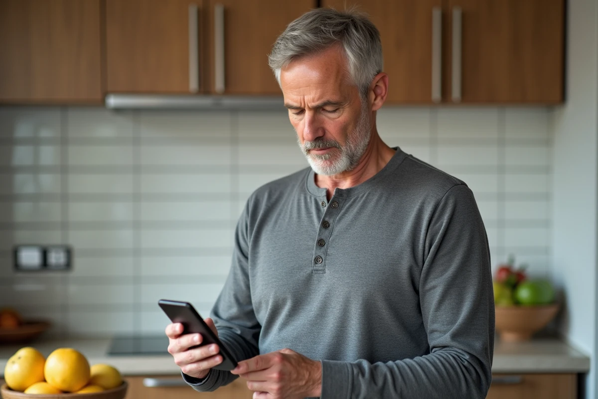 Homme vérifiant la sécurité de sa cagnotte ON PARTICIPE sur smartphone dans une cuisine