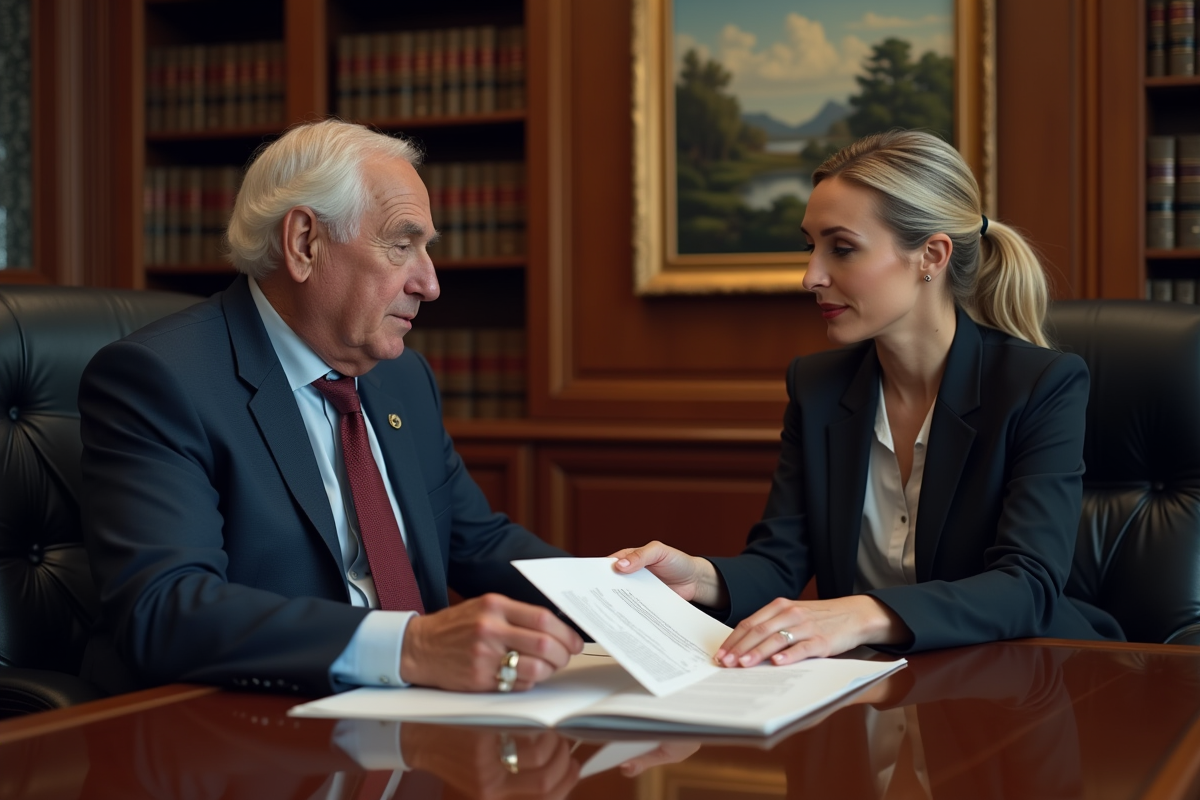 Homme âgé en costume navy remettant des documents à une femme