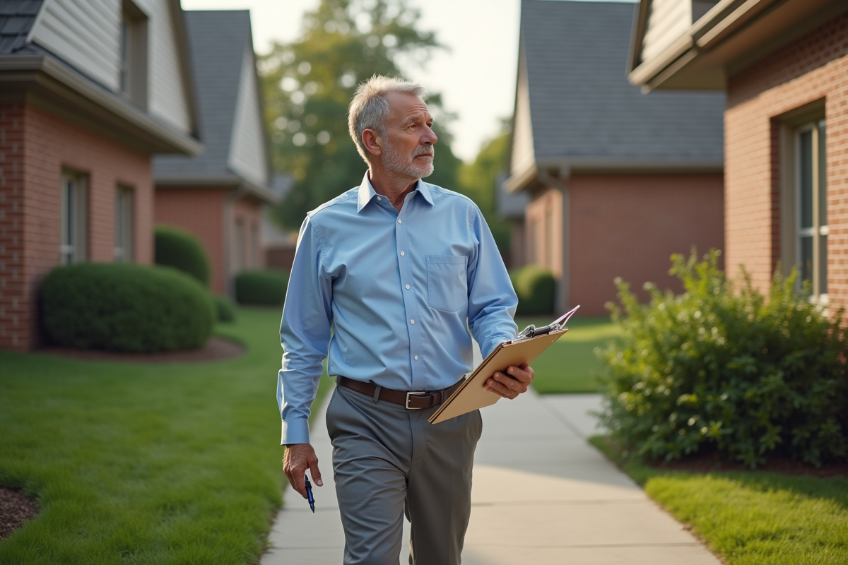 Homme inspectant une maison résidentielle en extérieur