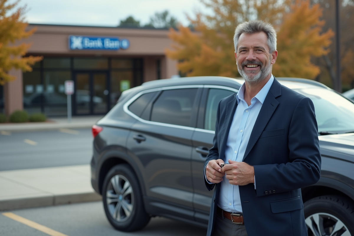 Homme souriant avec clés de voiture devant une voiture neuve