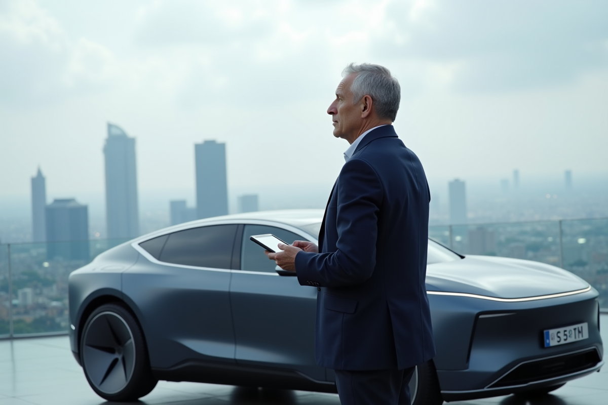 Ingénieur urbain avec voiture électrique sur toit moderne