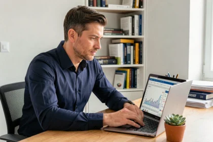 Homme consultant une plateforme d'investissement SCPI en ligne depuis son bureau à domicile