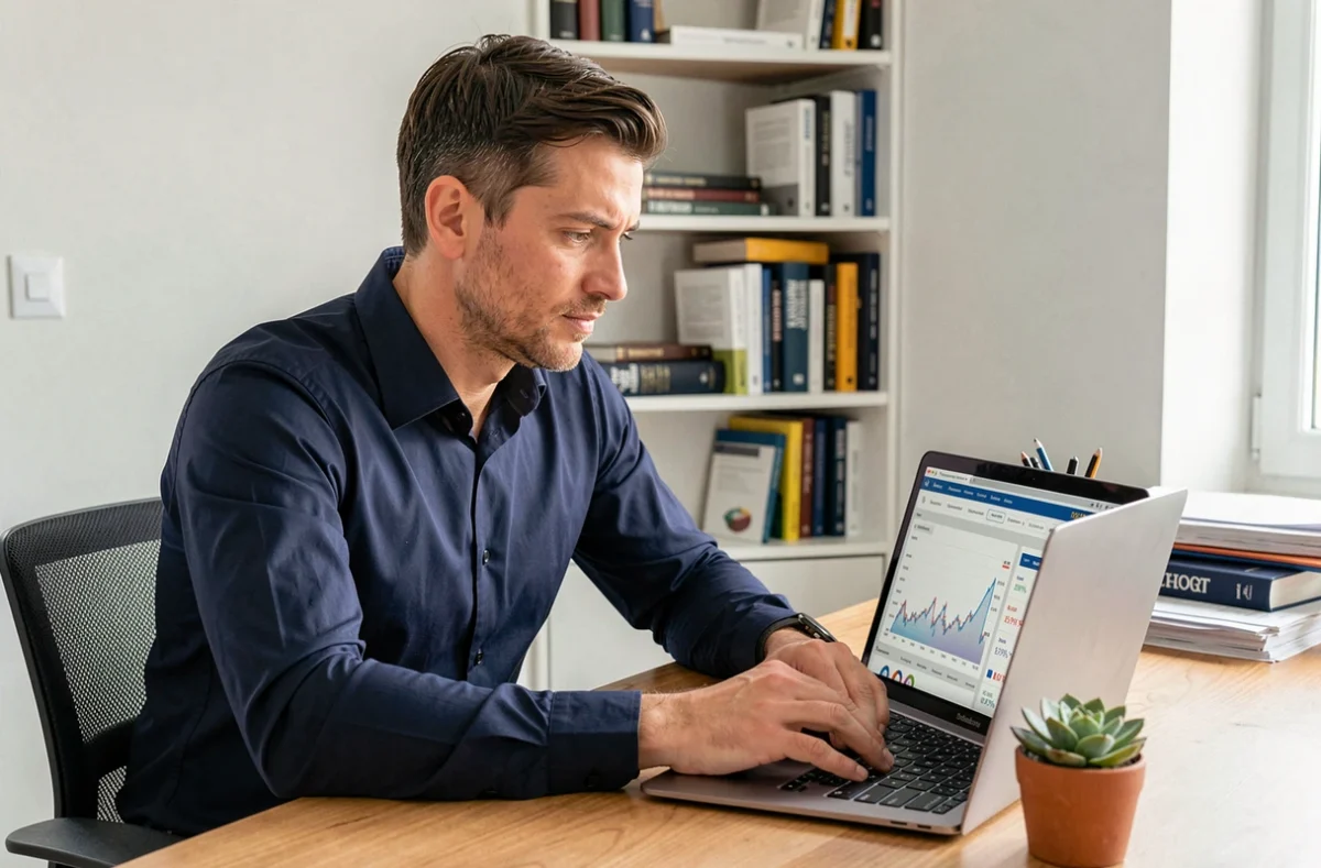 Homme consultant une plateforme d'investissement SCPI en ligne depuis son bureau à domicile