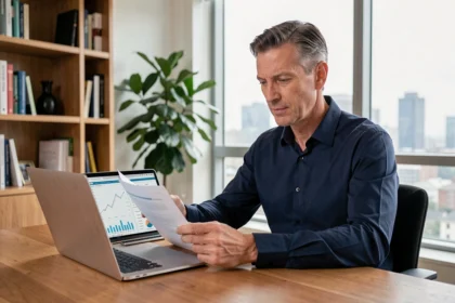 Investisseur particulier analysant les avis et performances de la SCPI Remake Live sur son bureau à domicile