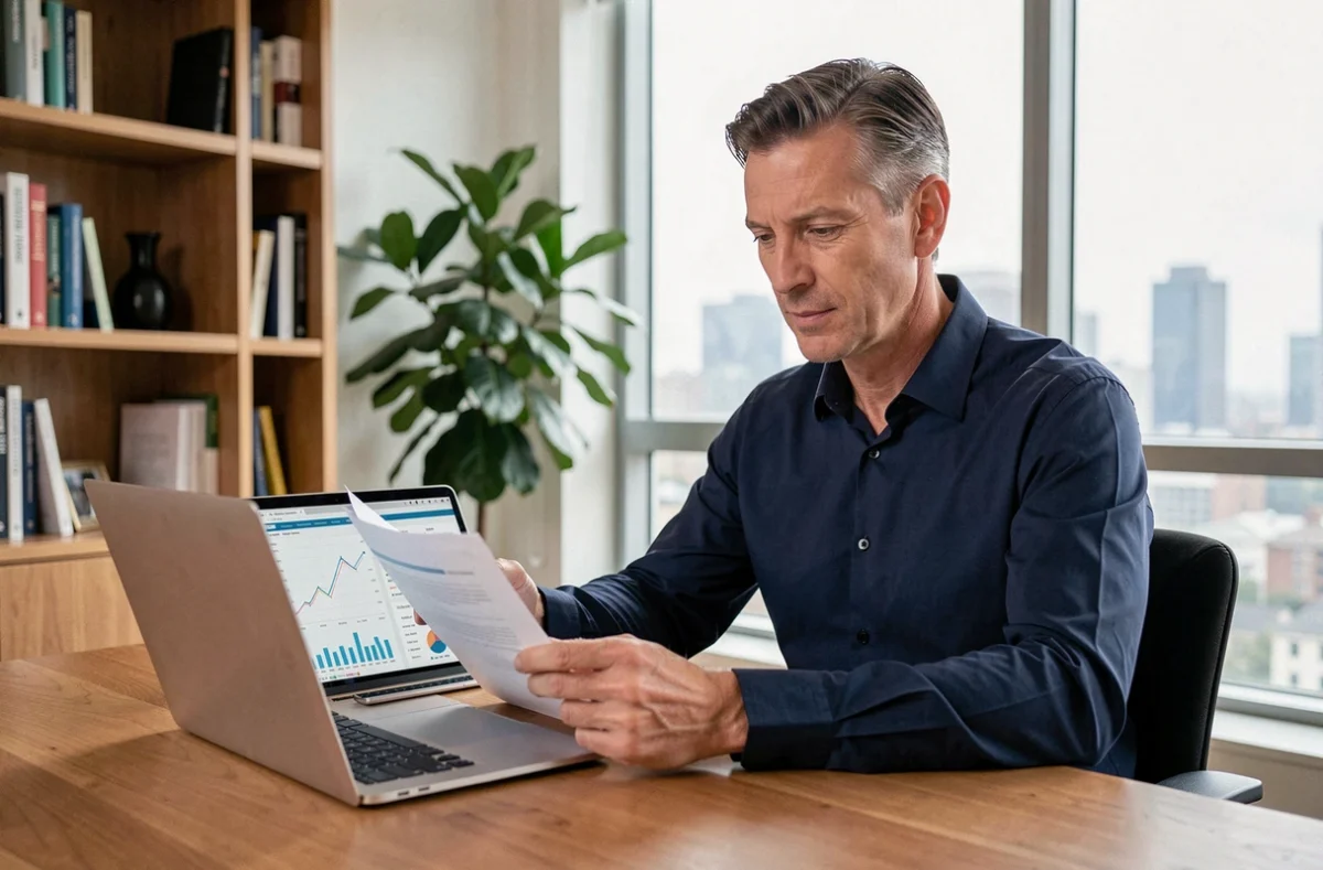 Investisseur particulier analysant les avis et performances de la SCPI Remake Live sur son bureau à domicile