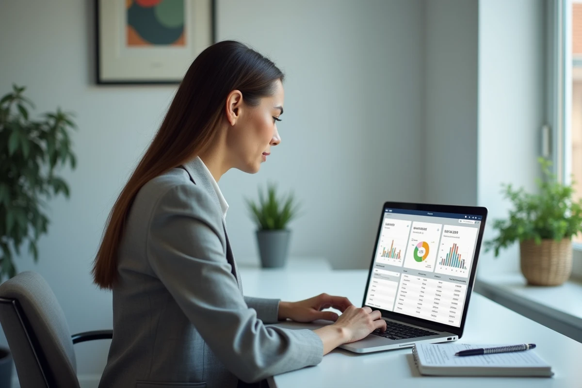 Femme investisseur calculant le rendement de parts SCPI sur un tableau de bord numérique depuis son bureau à domicile