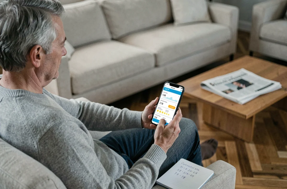 Investisseur particulier consultant une application de comparaison SCPI sur smartphone dans son salon