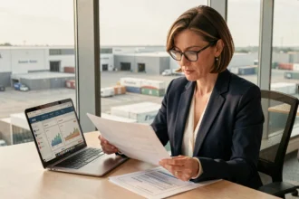Investisseuse analysant des documents financiers sur la SCPI Activimmo dans un bureau moderne avec vue sur des entrepôts logistiques