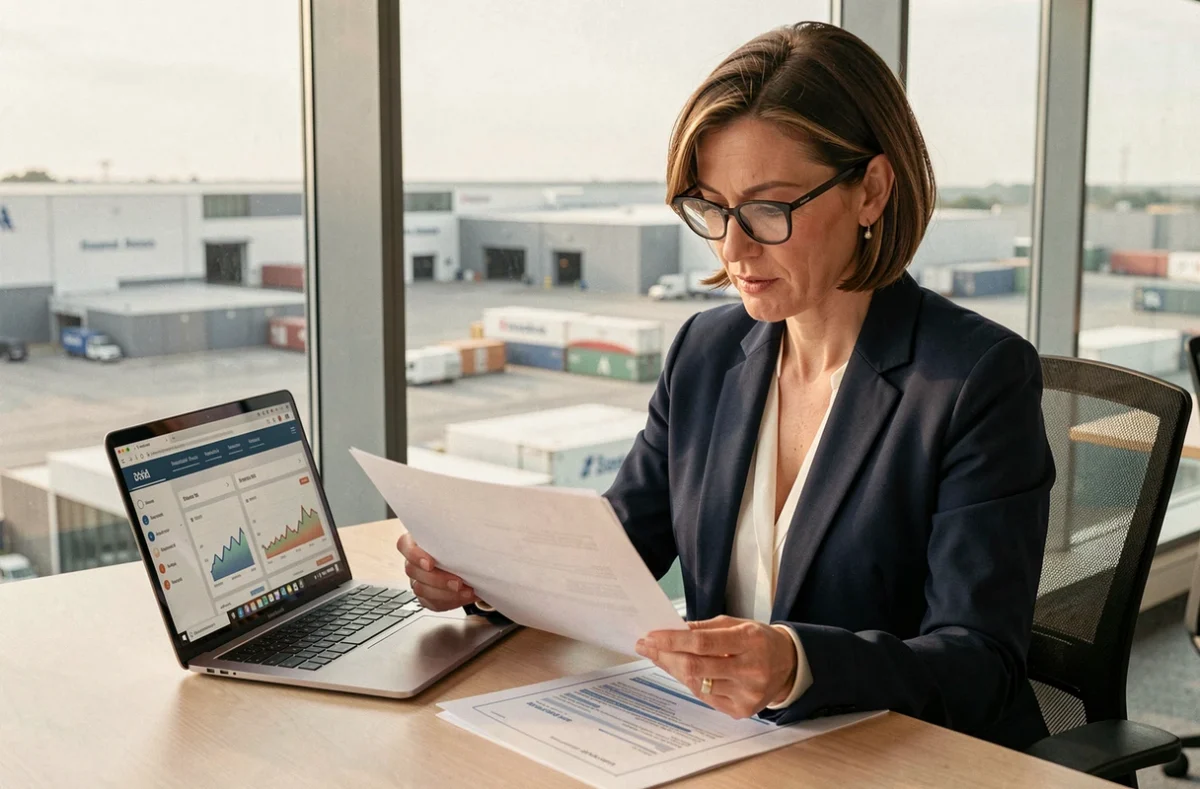 Investisseuse analysant des documents financiers sur la SCPI Activimmo dans un bureau moderne avec vue sur des entrepôts logistiques