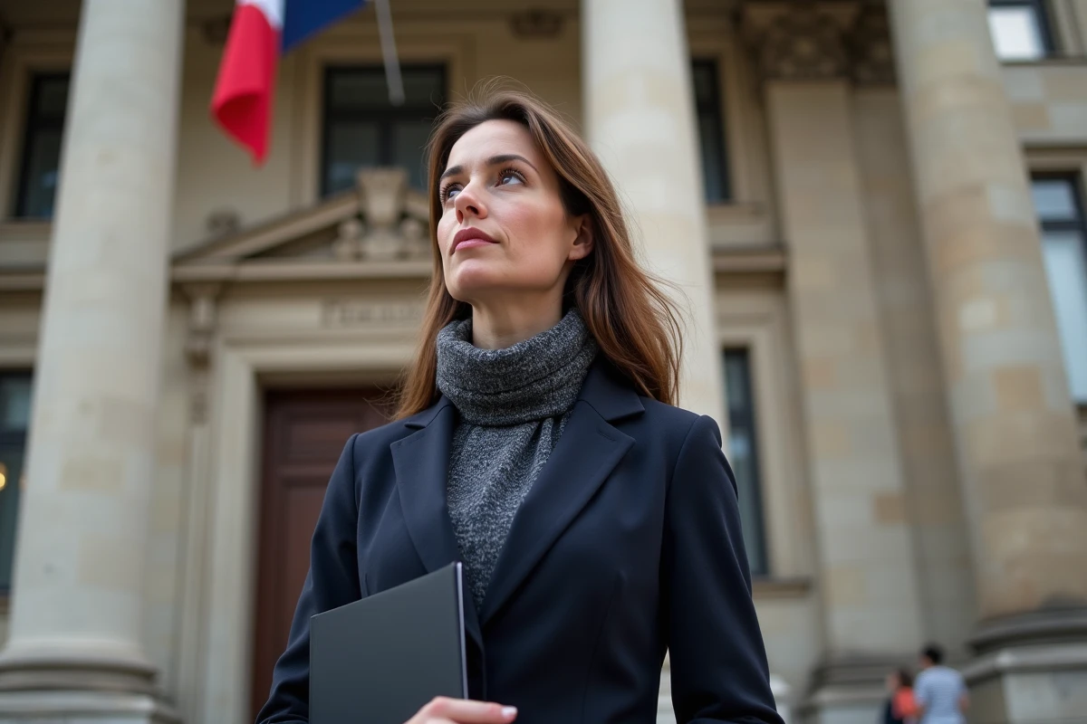 Jeune adjointe au maire devant le bâtiment municipal