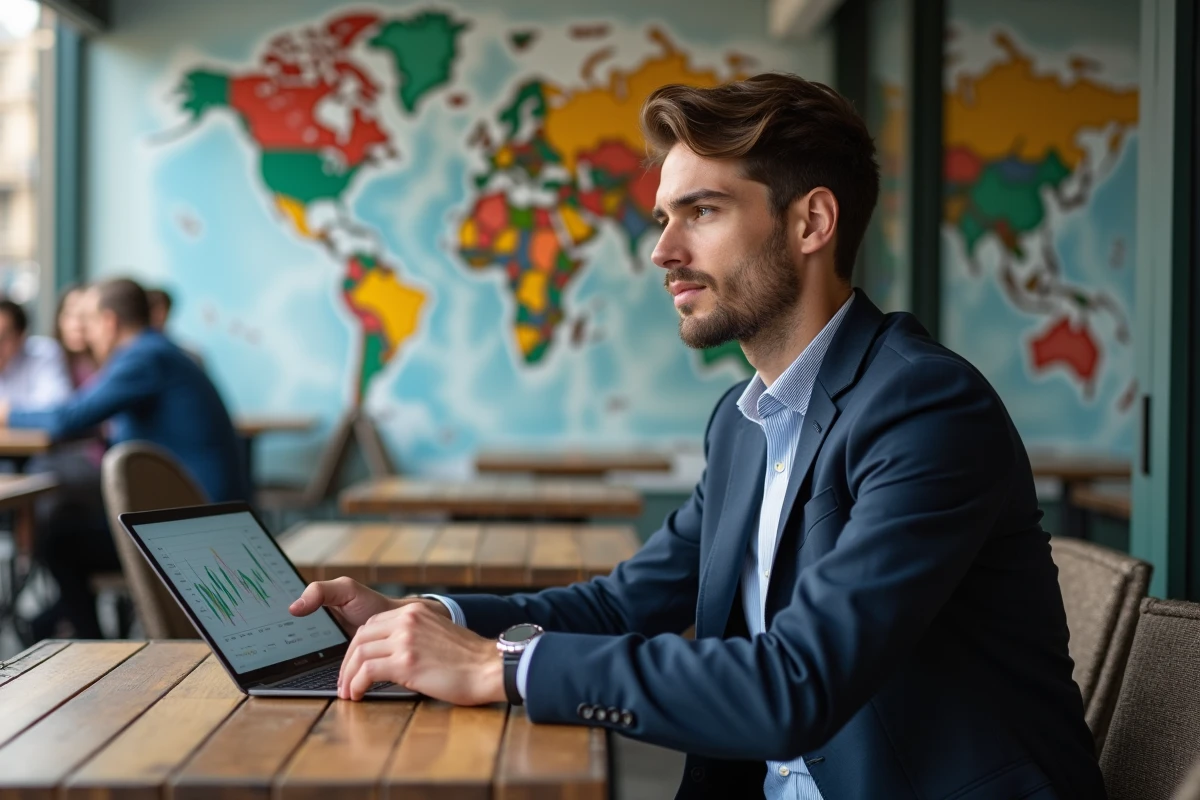 Jeune économiste au café avec tablette et carte du monde