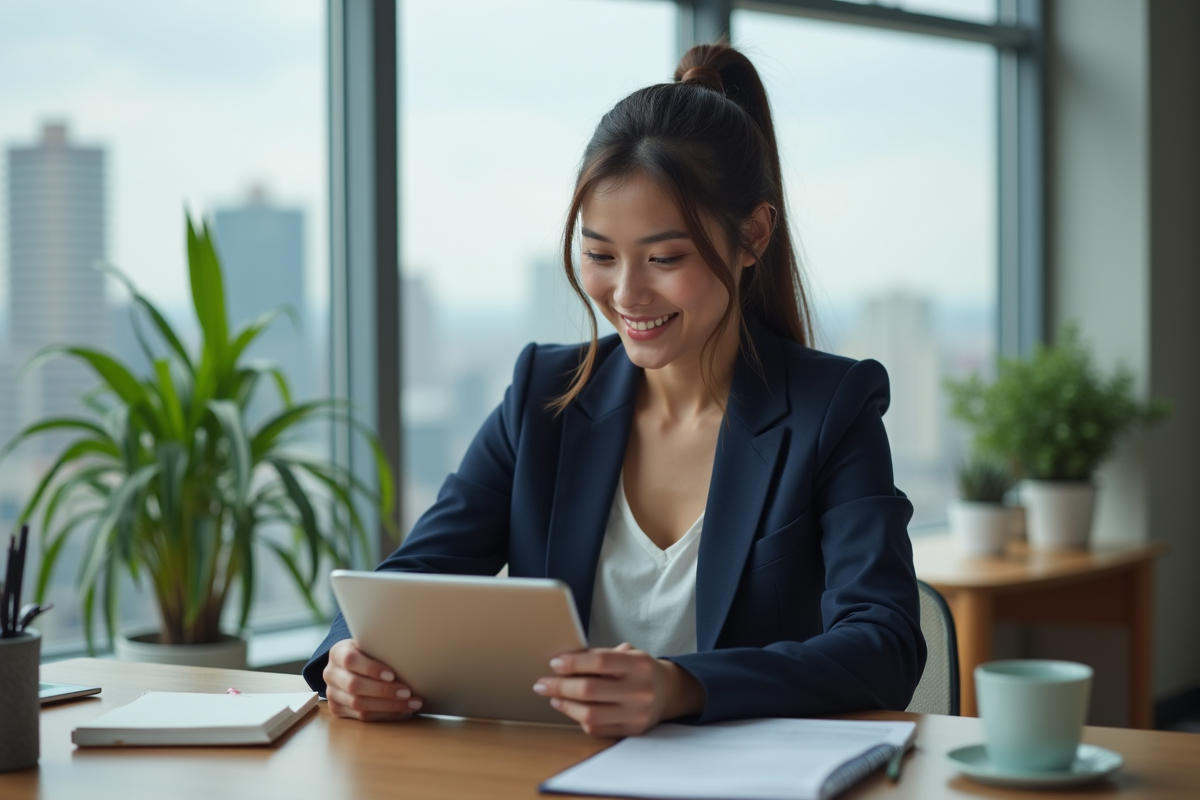 Jeune femme professionnelle en blazer navy travaillant sur une tablette