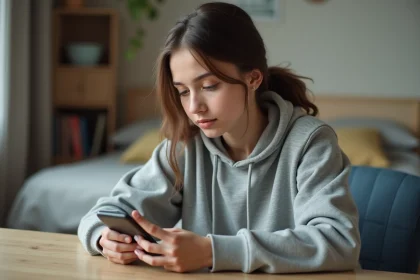 Jeune femme consultant son espace compte CA56 sur smartphone dans sa chambre d'&eacute;tudiant