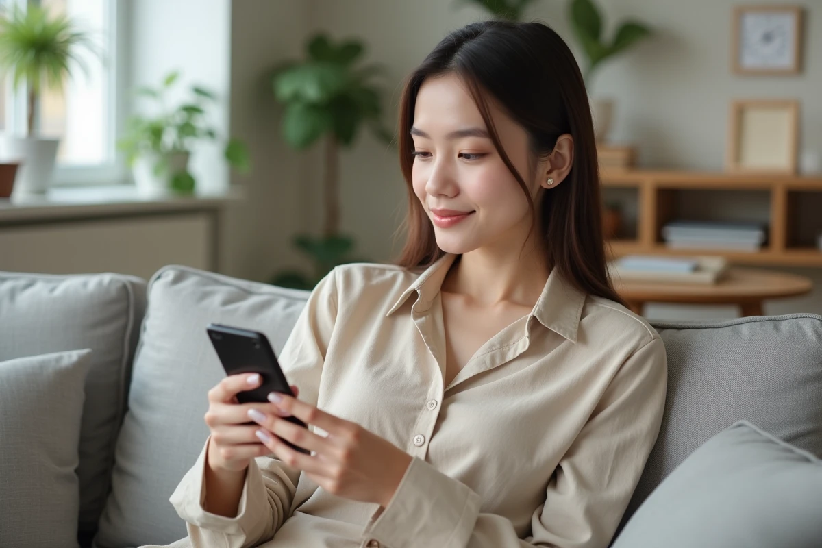Jeune femme vérifiant ses comptes bancaires sur son téléphone mobile depuis son salon