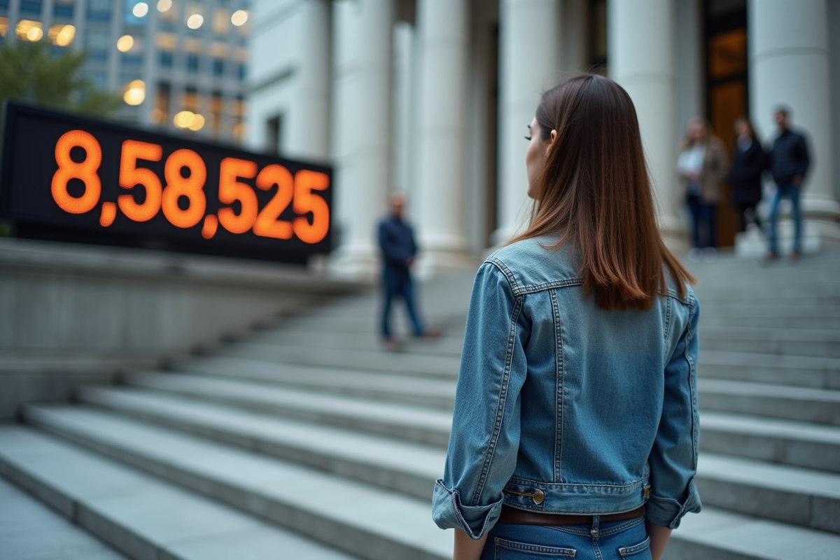 Jeune femme regardant un affichage de la dette nationale