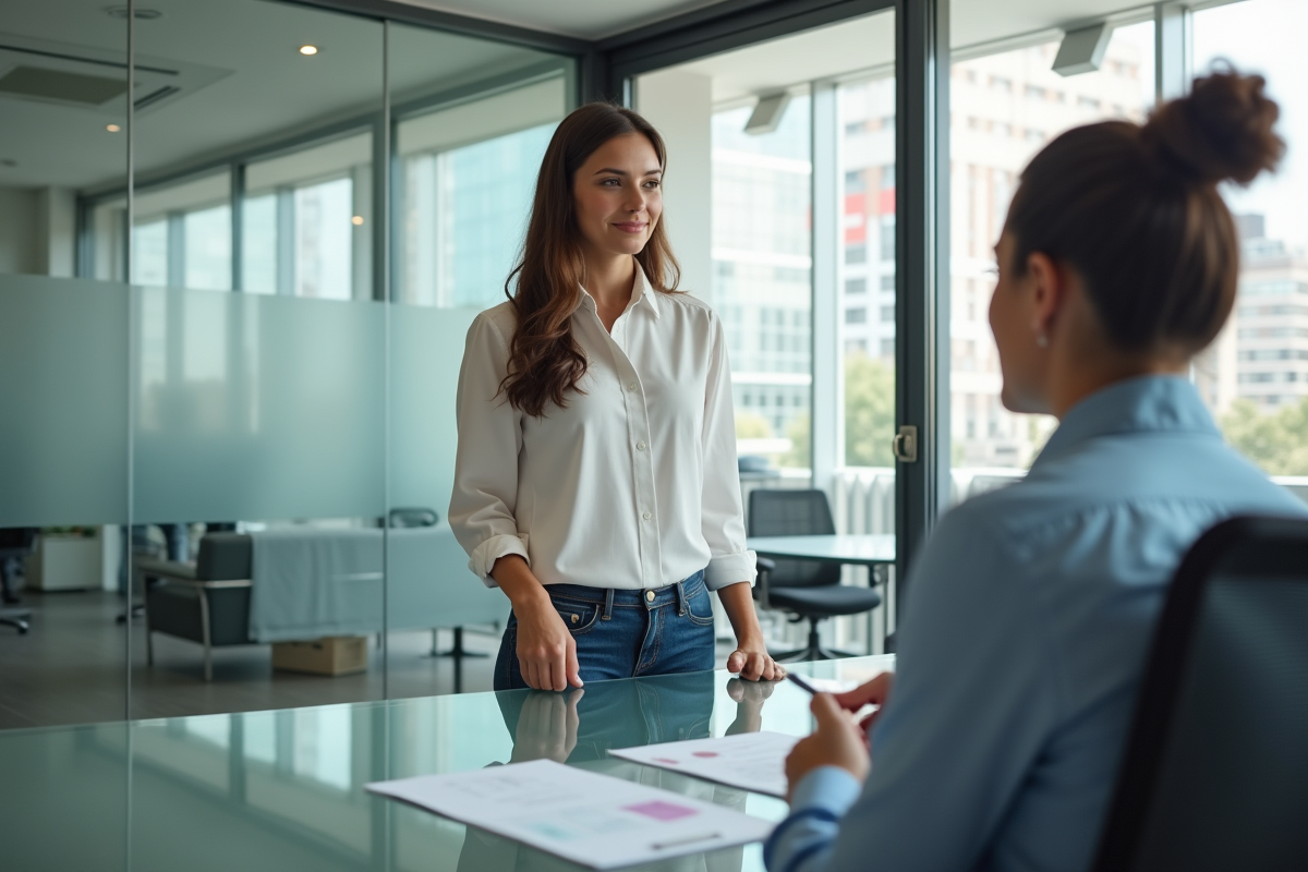 Jeune femme discute avec un agent d
