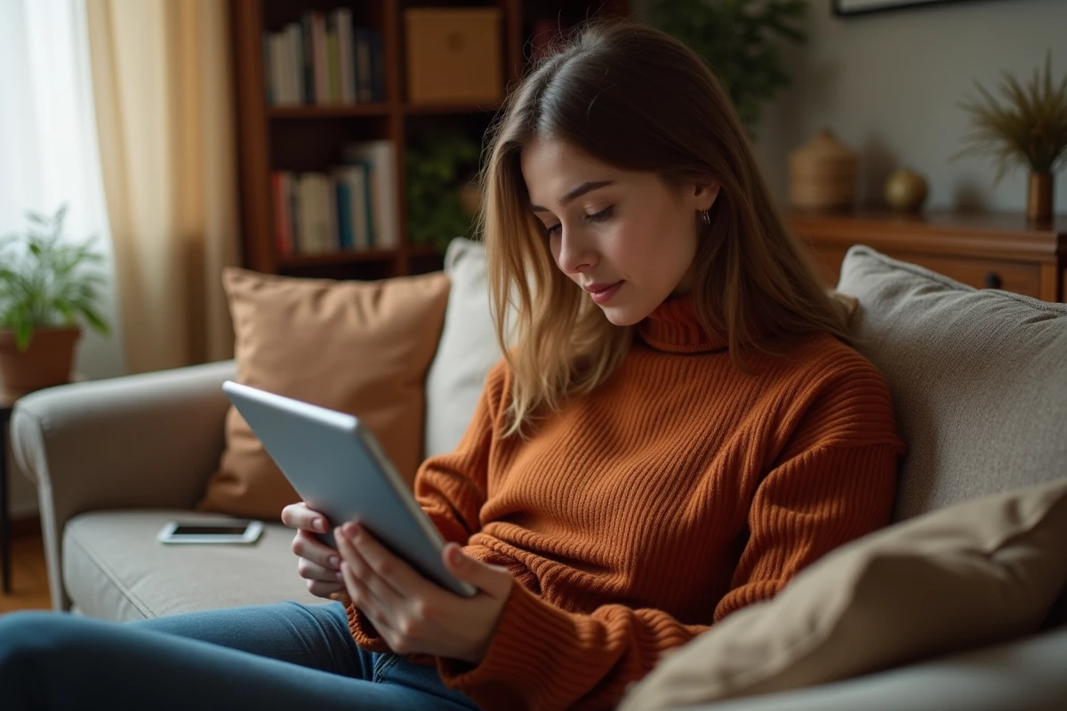 Jeune femme recherchant le numéro de téléphone de La Banque Postale sur une tablette