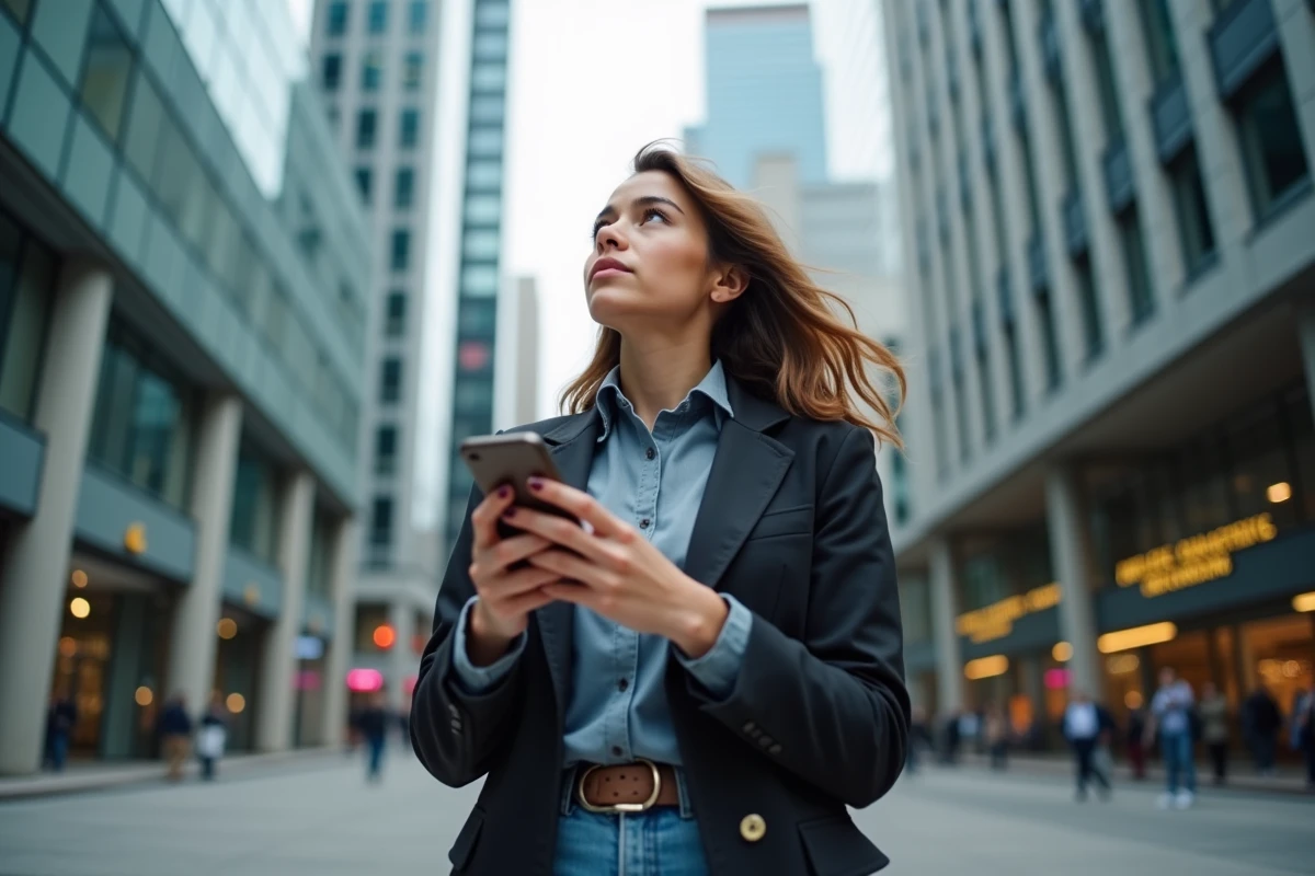 Jeune femme regardant son téléphone dans un quartier financier urbain