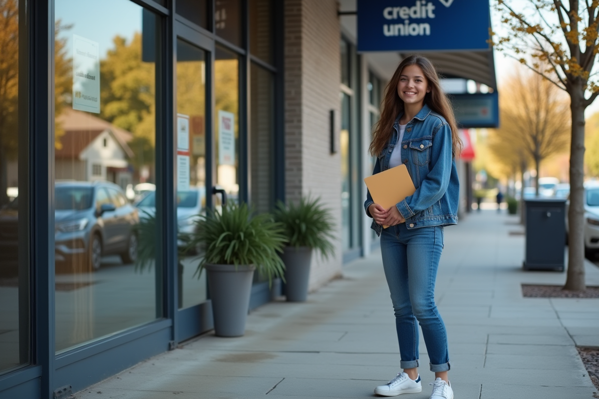 Jeune fille souriante devant une agence de crédit en ville