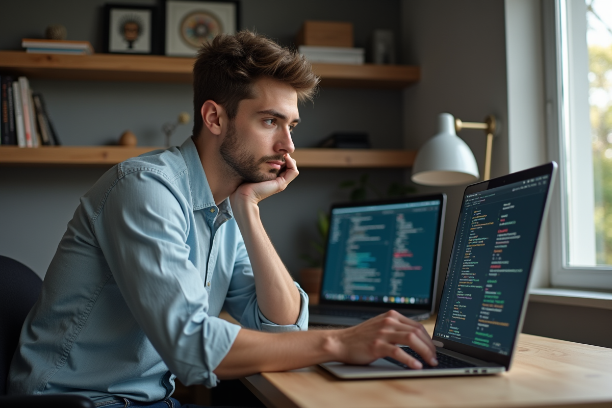 Jeune homme pensif devant un ordinateur avec code blockchain