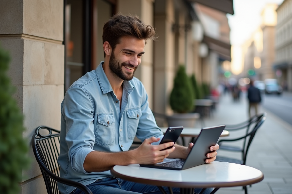 Jeune homme souriant au café en ville avec tablette