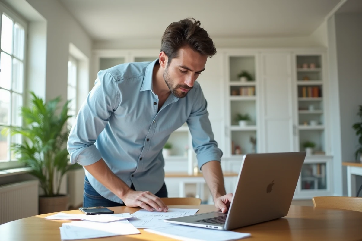 Jeune homme utilisant un ordinateur portable avec calculatrice &agrave; la maison