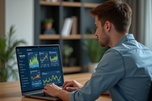 Jeune homme concentré devant un écran de portefeuille crypto