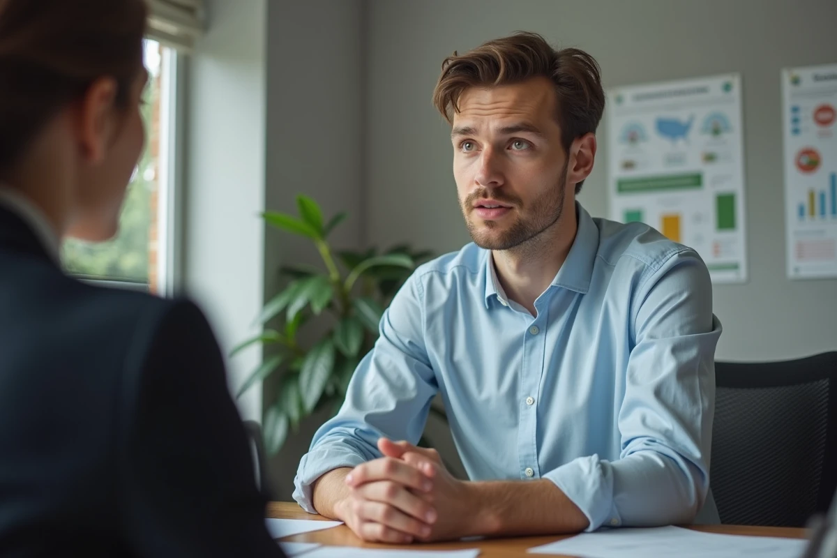 Jeune homme parlant à un travailleur social dans un bureau moderne