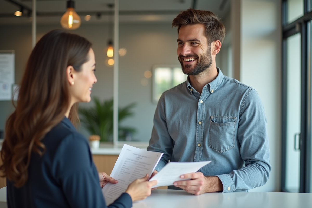 Jeune homme remet des formulaires à une agente d