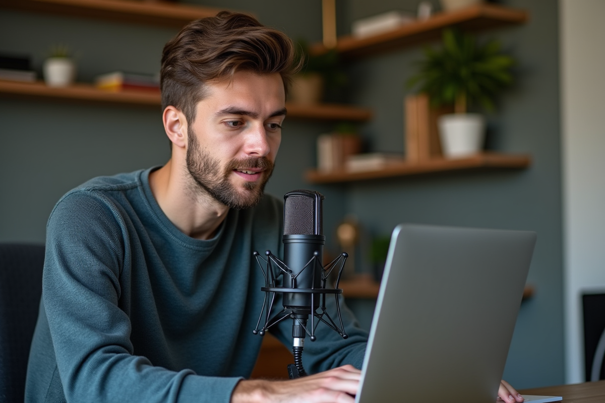 Jeune homme parlant dans un micro podcast à son bureau
