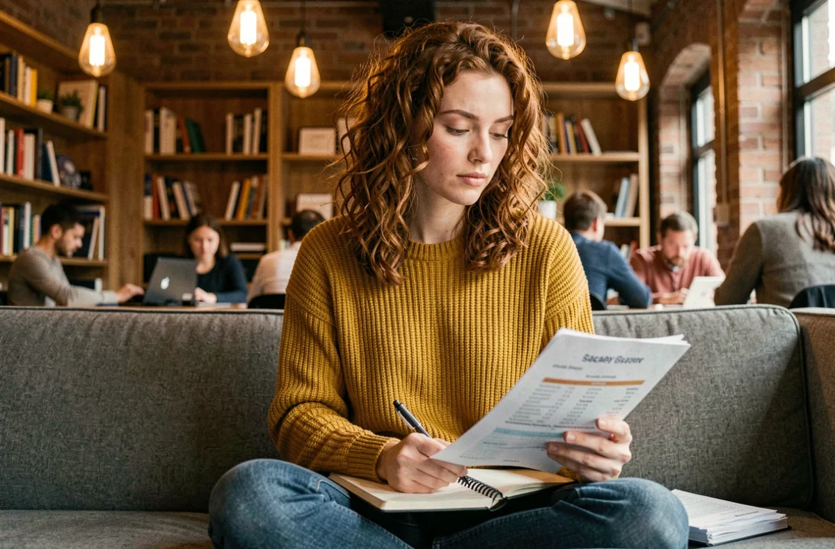Jeune professionnelle comparant des données salariales françaises dans un espace de coworking moderne