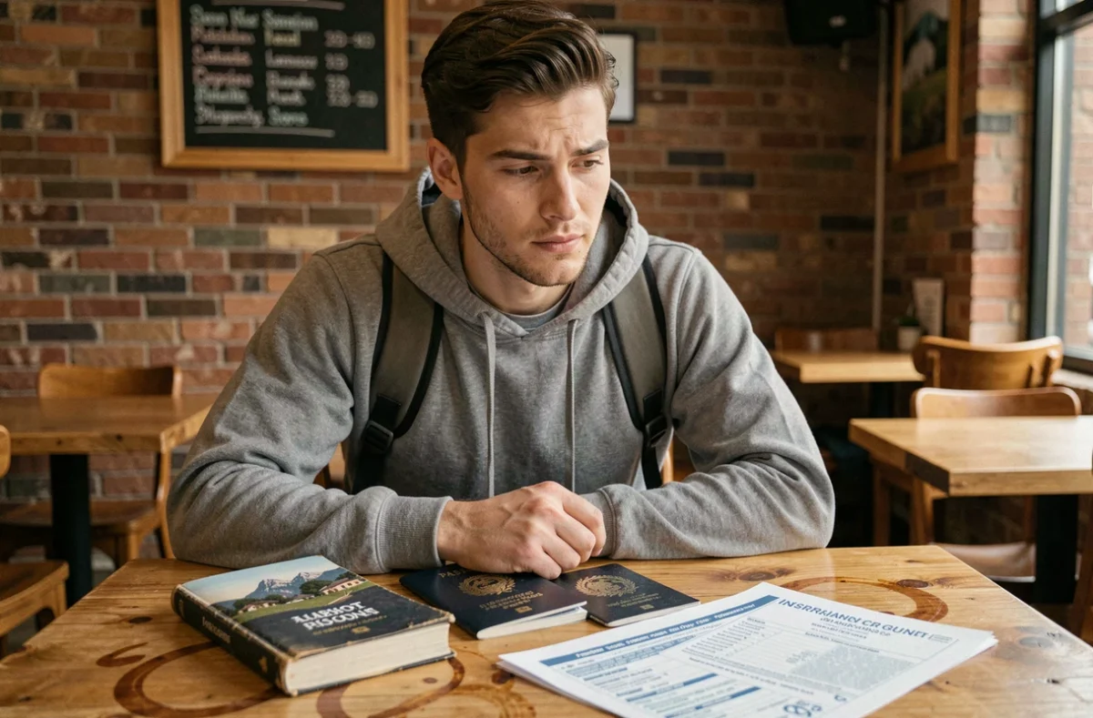 Jeune voyageur analysant un devis d'assurance voyage dans un café avec passeport et guide de voyage