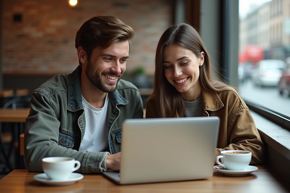 Deux jeunes adultes g&eacute;rant leur compte bancaire en ligne CA56 depuis un caf&eacute;