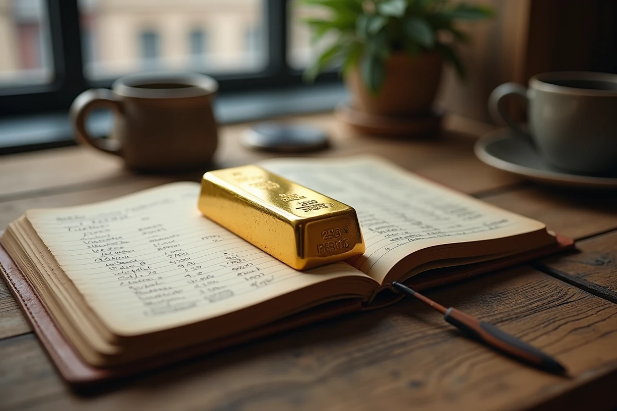 Lingot d'or 250g sur un carnet de notes manuscrites avec comparatifs de prix sur un bureau en bois